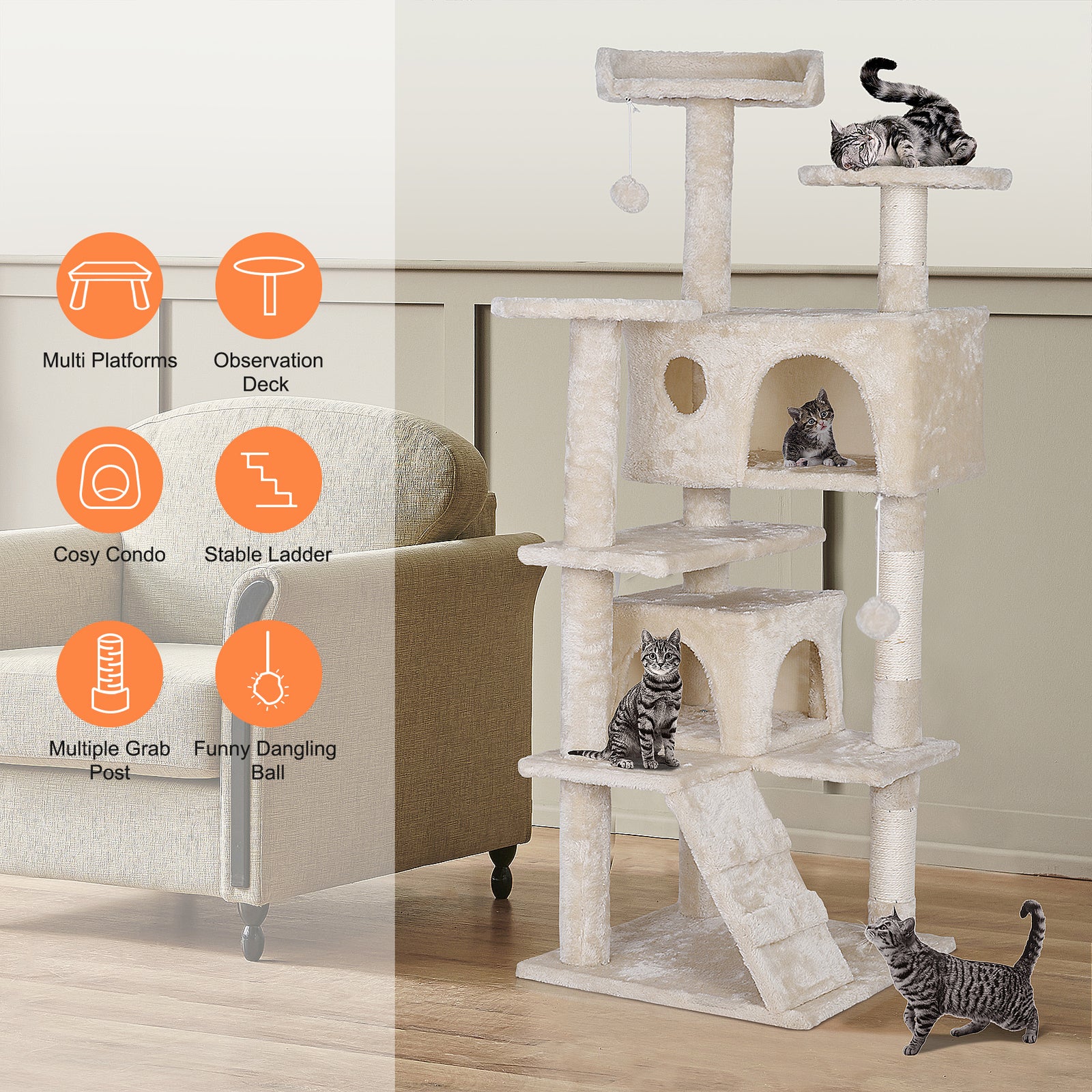 55 Inch Beige Cat Tree Tower Condo Scrathcher Post Activity Center Playing House