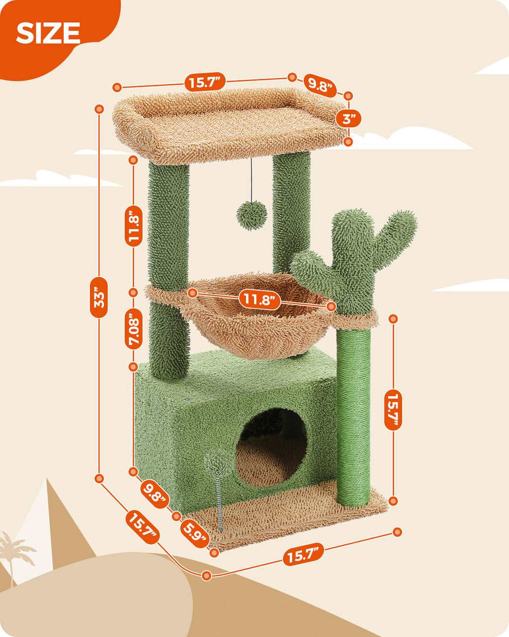 PAWZ Road Cactus Cat Tree Tower Condo House with Large Hammock Kitten Indoor Toy