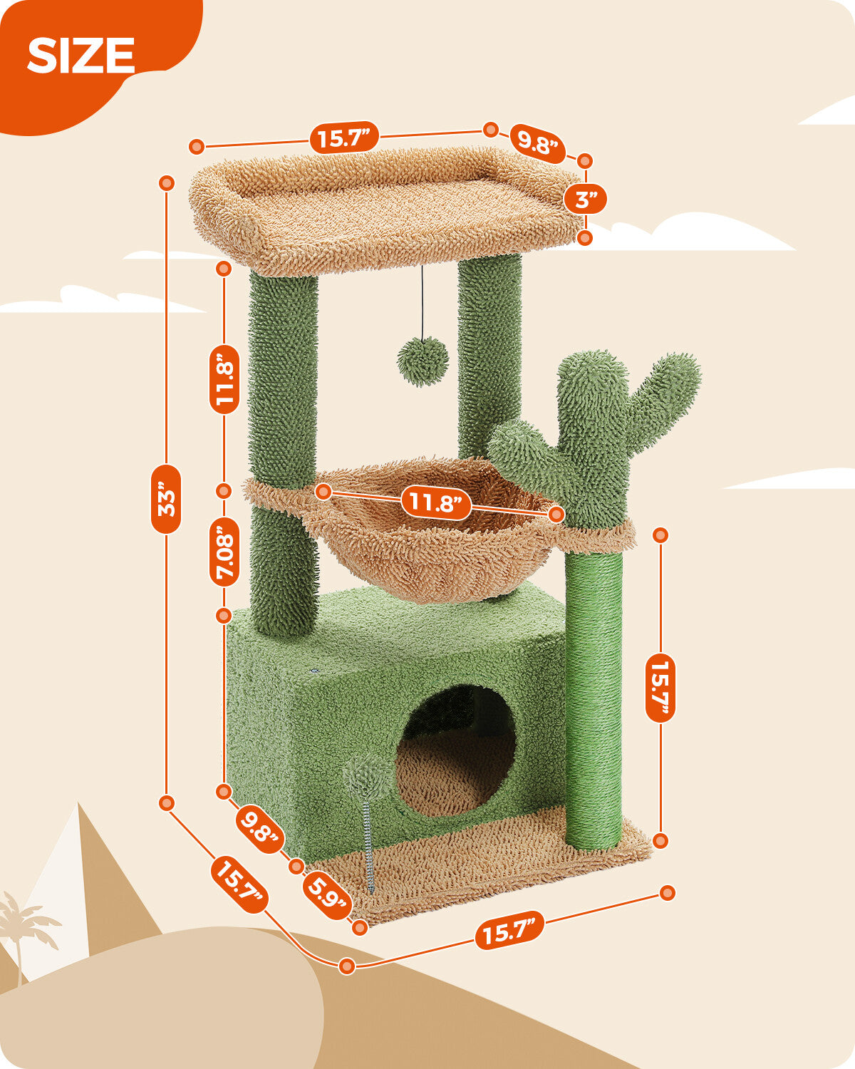 PAWZ Road Cactus Cat Tree Tower Condo House with Large Hammock Kitten Indoor Toy