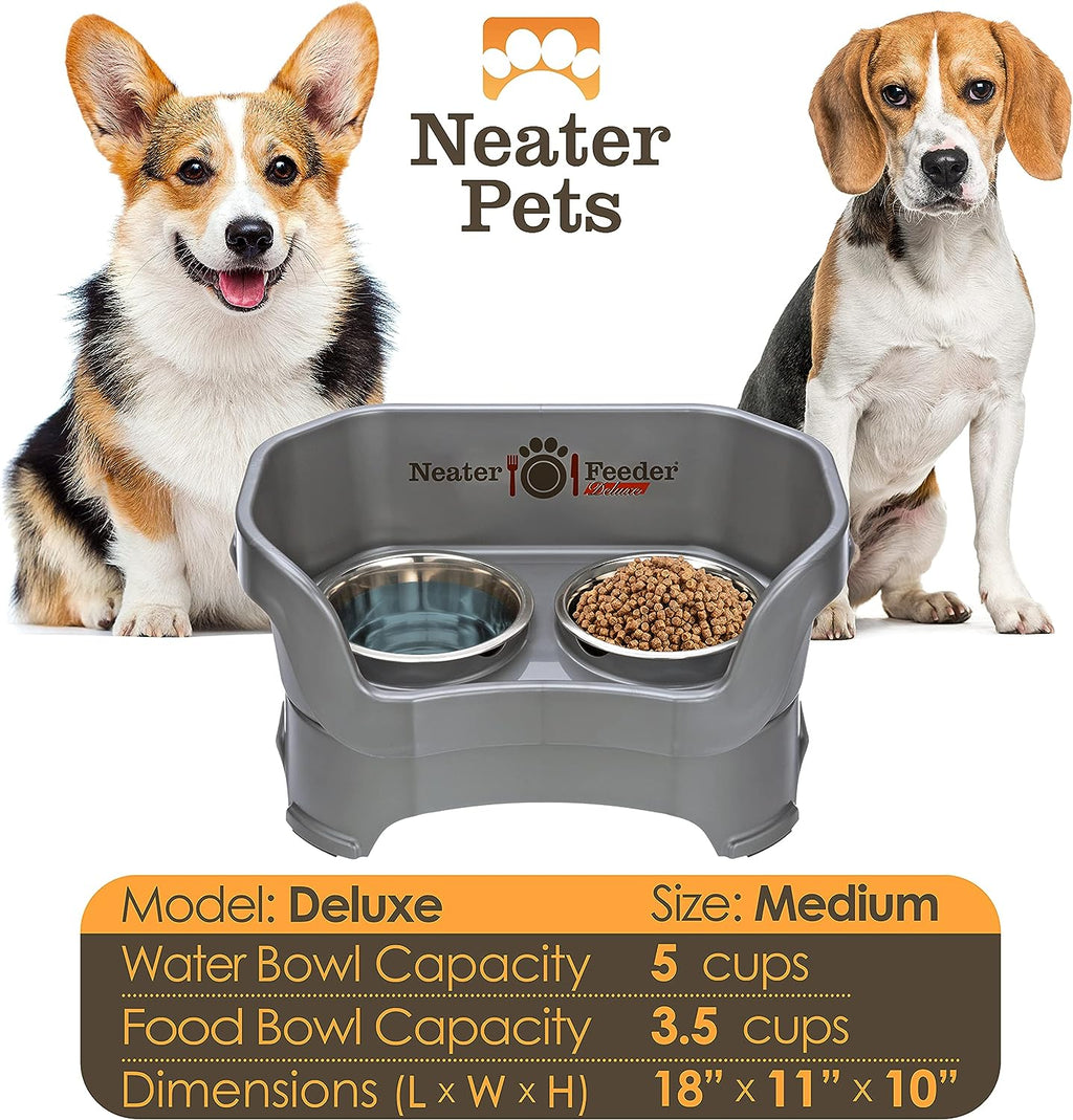 Neater Feeder Deluxe Mess Proof Dog Bowls Elevated for Medium Dogs 19-40 Lbs, Made in USA, No Spill Raised Dog Food Bowl Stand Feeding Station, Food and Water Bowl Set, Gunmetal
