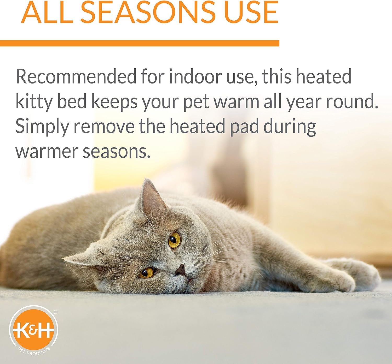 Bolster Heated Cat Bed for Indoor Cats, Thermo-Kitty Fashion Splash Orthopedic Foam Heated Pet Bed for Cats or Dogs, Waterproof Pet Heater, Safety Listed Small 18In round Blue