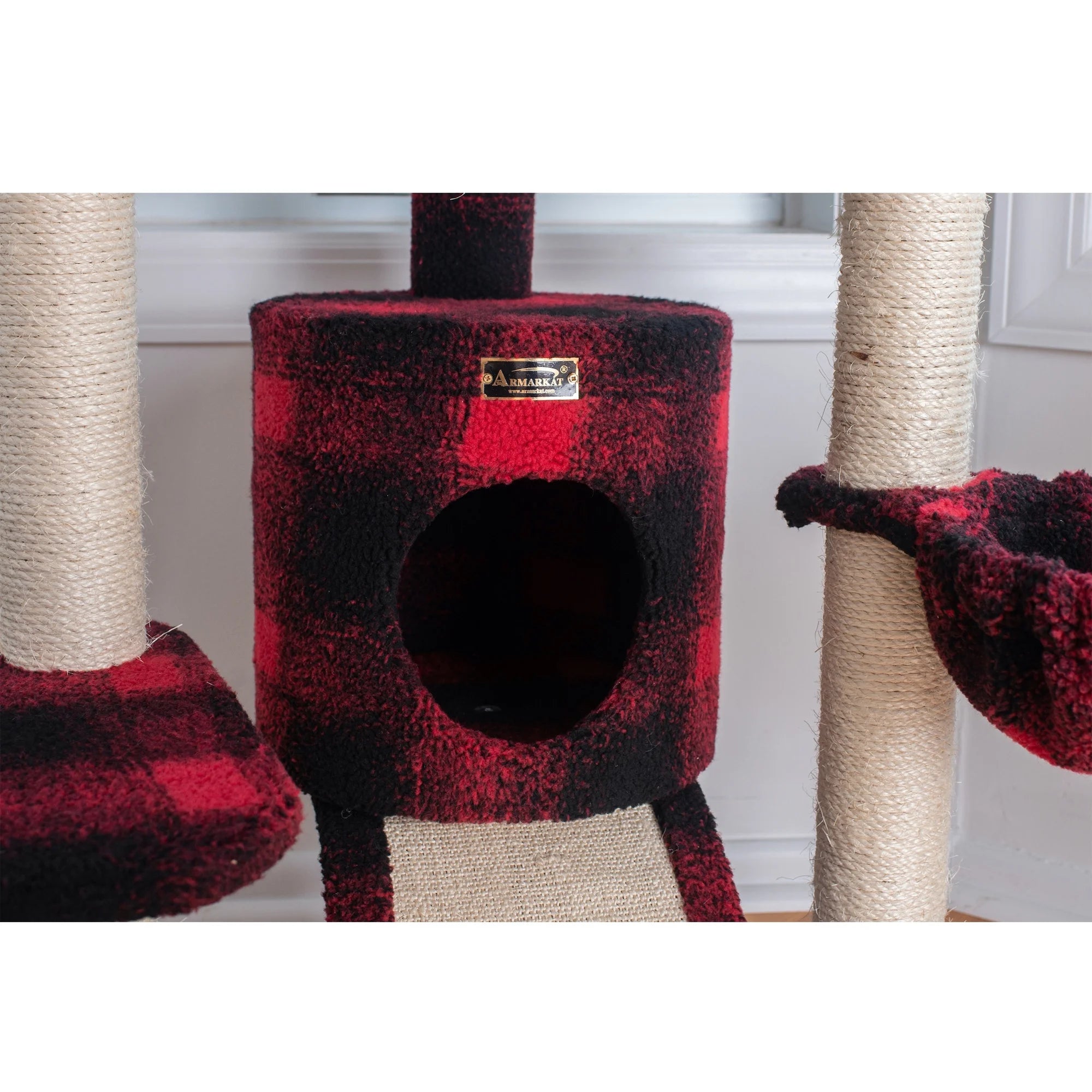 Real Wood Cat Tree Model B5806, Black & Red Tartan Plaid