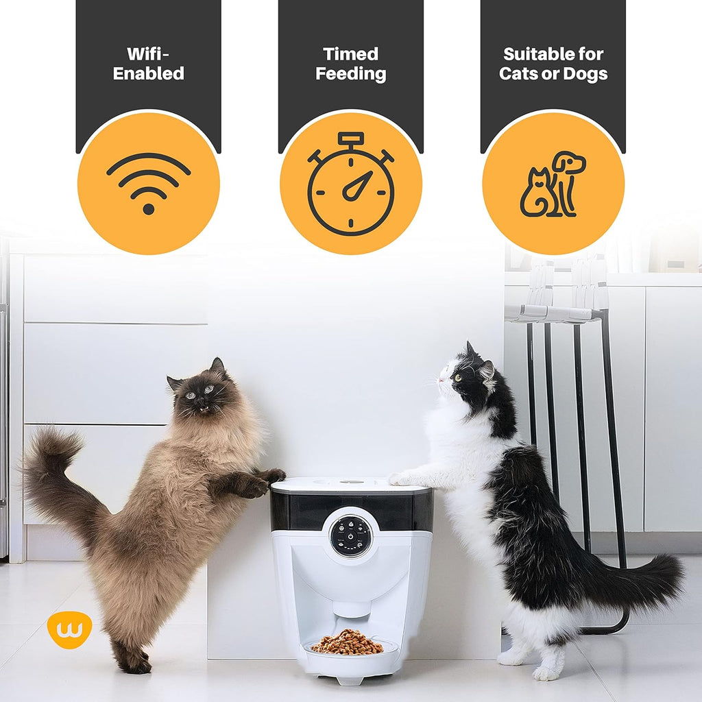 Feeder-Robot by , White with Smoke-Grey Hopper; Includes Backup Battery; Smart, Automatic Pet Feeder, Feed Your Cat or Dog from Anywhere, Designed & Assembled in USA