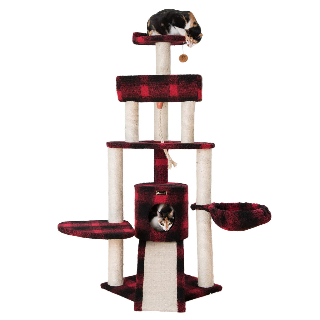 Real Wood Cat Tree Model B5806, Black & Red Tartan Plaid