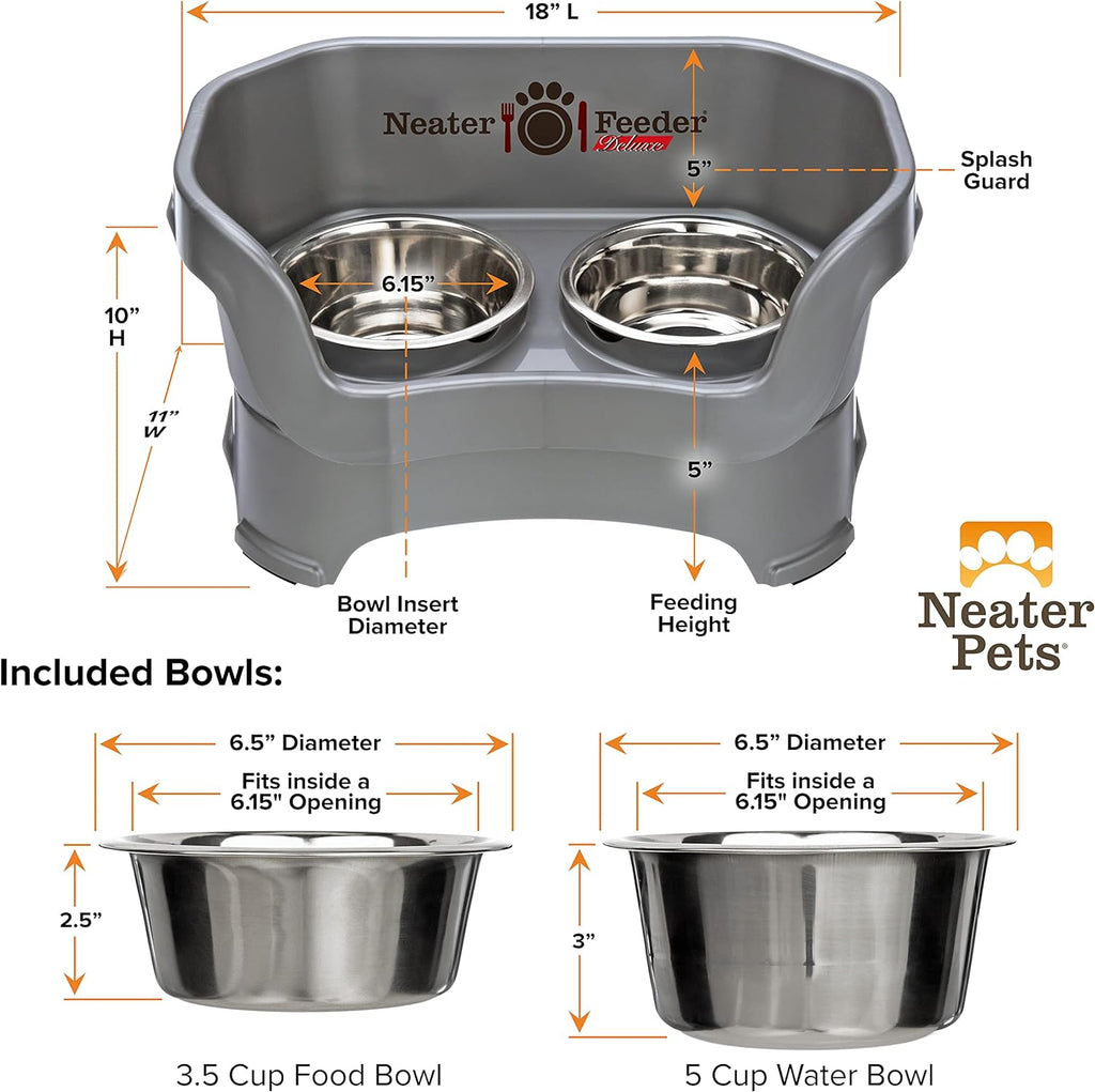 Neater Feeder Deluxe Mess Proof Dog Bowls Elevated for Medium Dogs 19-40 Lbs, Made in USA, No Spill Raised Dog Food Bowl Stand Feeding Station, Food and Water Bowl Set, Gunmetal